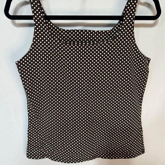 Womans lined, brown and white polka dot tank top. Stretchy. Size large. Rounded - Picture 2 of 8